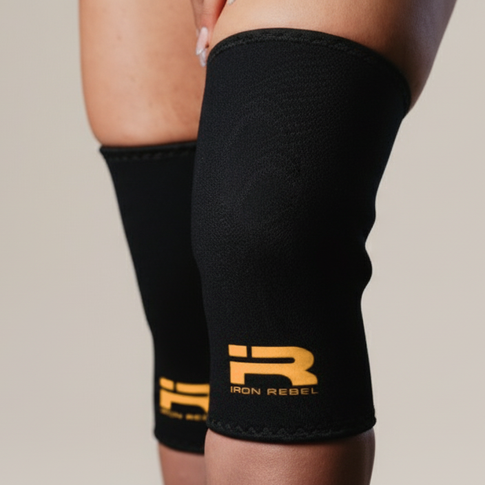 Close-up photo of a pair of black Iron Rebel PR Cone Knee Sleeves made from neoprene with reinforced stitching. The gold Iron Rebel logo is printed near the bottom. Premium knee support for heavy lifting, powerlifting meets, weightlifting, and maximizing your PR (Personal Record).
